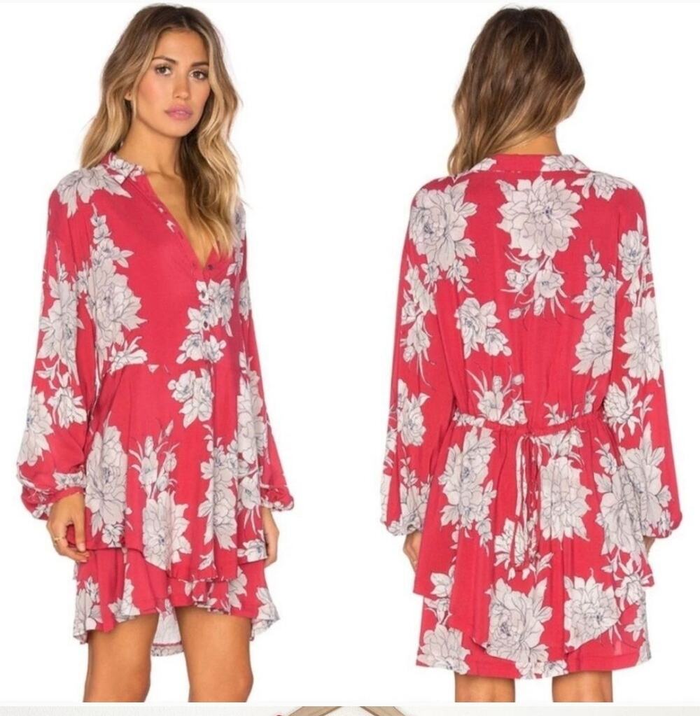 Free People Dress Mini Shake It Floral XS Red Cottagecore Boho Tiered Shirtdress